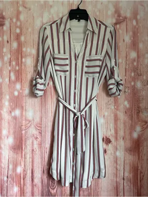 Express Outlet White Convertible Sleeve Red Striped Long Sleeve Shirt Dress Sz S thumbnail 4