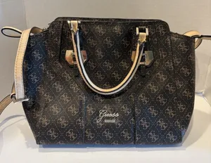 GUESS brown logo-print satchel with contrasting beige top handles thumbnail 1