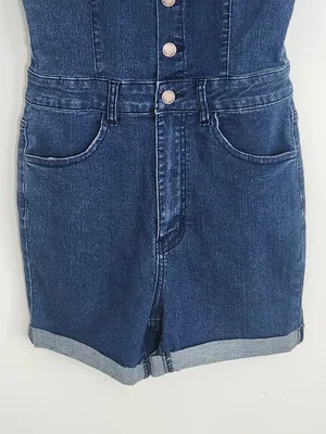 Almost Famous Dark Wash Denim Romper with Ruffle Sleeves Size Small NWT thumbnail 3