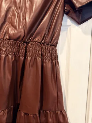 NWT Vigoss Size S Brown Faux Leather Mini Dress Puff Sleeve Smocked Waist V Neck thumbnail 2
