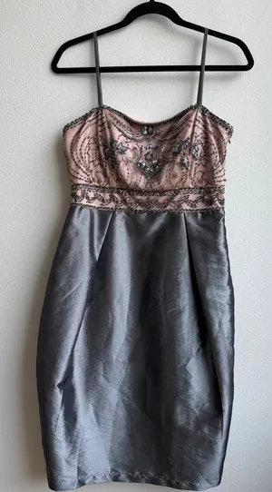 Sue Wong Beaded Embroidered Pink Gray Bubble Cocktail Party Dress Size 10 Medium thumbnail 1