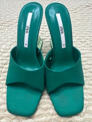 Zara Women’s Green Satin Strap Slides Square Front Chunky Block Acrylic Heel 39 thumbnail 6