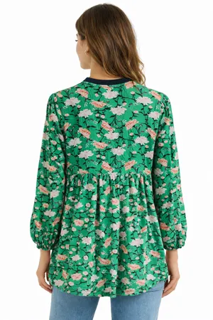 Old Navy Green Floral Boho Blouse Small Peasant Tunic Top Rayon thumbnail 2