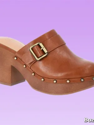 NWT Brown Studded Clog Block Heels w Buckle Detail thumbnail 2