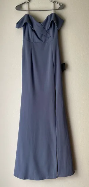 Lulus Off The Shoulder‎ Maxi Dress Slate Blue Flowy Slit sz S Formal NWT thumbnail 1