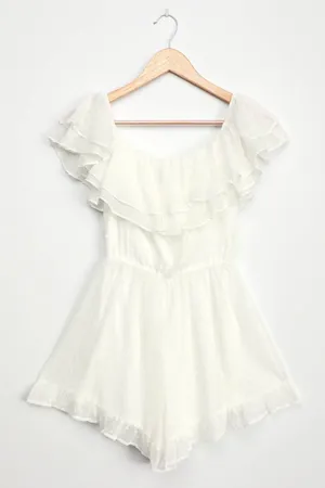 New Frilled to Bits White Swiss Dot Off-the-Shoulder Romper MSRP $58 thumbnail 7