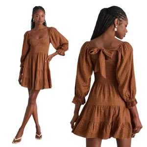 Lulus Charming Afternoon Tan Gingham Balloon Sleeve Mini Dress size M NWT thumbnail 2