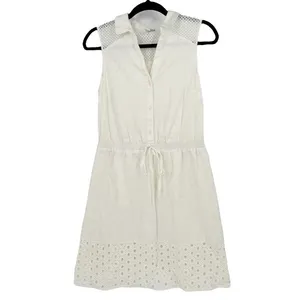Elle White Eyelet Cotton Shirtdress Sleeveless Button Down Drawstring‎ Mini Sz S thumbnail 2