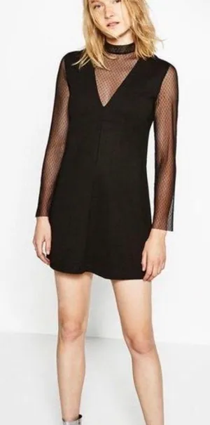 Zara W&B Collection Black Mesh Mock Neck V-Neck Mini Dress Small S thumbnail 1