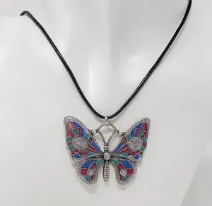 Butterfly Pendant w/ Pink, Blue, Teal Green & Silvery White Resin Necklace thumbnail 1