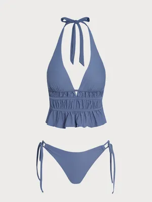 Samiol Halter Ruffle Swim Top and Tie-Side Bikini Bottoms - Dusty Blue thumbnail 6