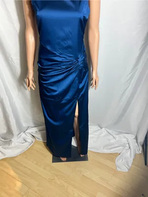 Abercrombie & Fitch Navy Satin Maxi Dress Open Back Ruched Slit Size S Tall thumbnail 4