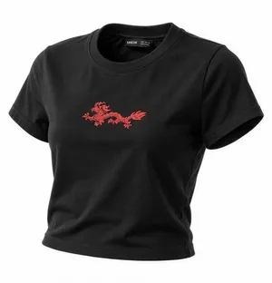 SHEIN Cropped T-Shirt Womens Small Black Red Dragon‎ Cropped Graphic Crew Neck thumbnail 1