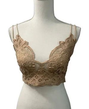 Free People One Adella Bralette Crochet Lace Tan Camel Nude Cross Strap Boho M thumbnail 1