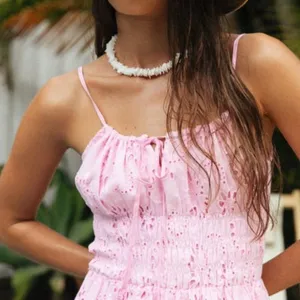 Charlie Holiday Anne Pink Eyelet Cotton Smocked Broderie Maxi Sundress thumbnail 3