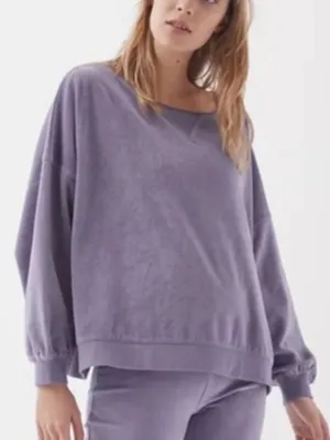 OUT FROM UNDER URBAN OUTFITTERS Vica Boat Neck Sweatshirt Periwinkle Velour Boxy thumbnail 1