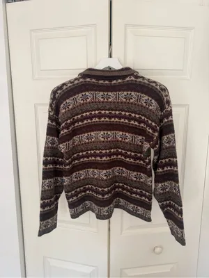 Vintage Kathy Ireland Brown Cream Fair Isle Chunky Cardigan Sweater Size Medium thumbnail 6