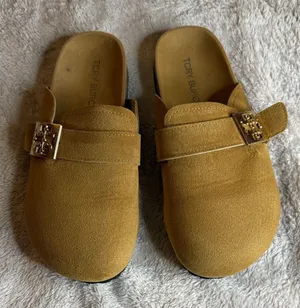Tory Burch Mustard Suede Mules with Gold Buckle thumbnail 1