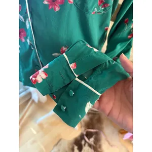 Sézane Elisa Pajama Top Silk Green Floral Button Down Size 36 Small thumbnail 4