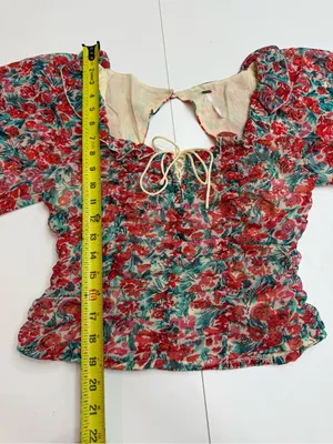 Free People Red Floral Square-Neck Ruffle Blouse size XS thumbnail 7