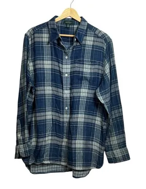 LRL Lauren Jeans Co Womens Shirt Large Button Down Blouse LongSleeve Plaid Blue thumbnail 1
