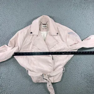 Guess‎ Moto Jacket Women S Pink Crinkled Faux Leather Belted Cropped Biker thumbnail 4