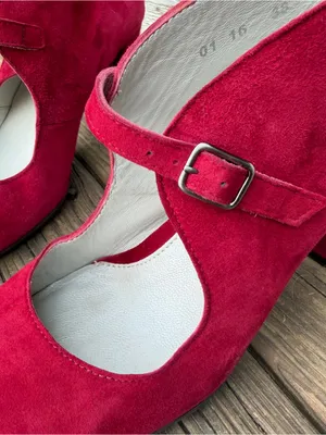 Eric Michael Red Suede Mary Jane Heels EU 38 Block Heel Leather Shoes thumbnail 3