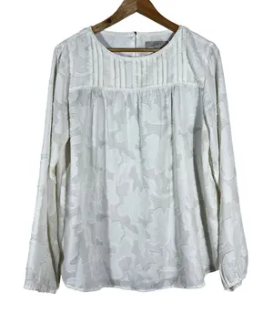 LOFT Floral Jacquard Burnout Blouse White Romantic Pintuck Yoke Top Size M thumbnail 1