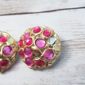 Vintage Clip On Earrings - Pink Gems & Gold Tone 1.25" - Missing Gem thumbnail 2