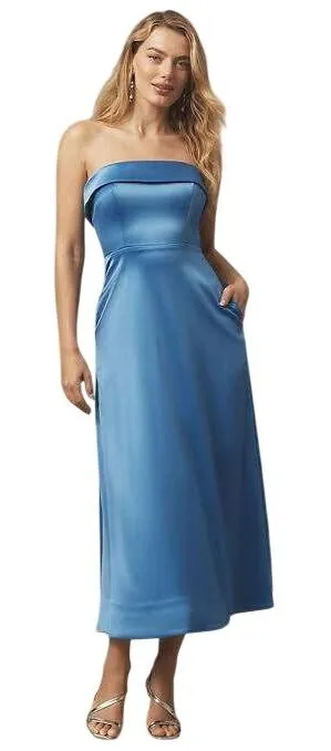 BHLDN Soma Strapless Stretch Satin Fit Flare Midi Dress 6 Blue Satin Formal HOCO thumbnail 1