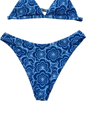 Blue Retro Floral Cheeky Bikini Set XL High Leg Triangle Swimwear Y2K Boho Beach thumbnail 4