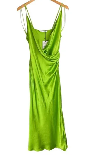 NWT ZARA Bright Green Satin Slip Midi Dress Sz XL Drapey Wrap Side Slit thumbnail 3