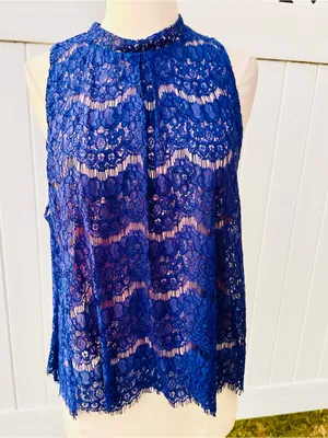 Love, Fire Royal Blue Mock Neck Lace Sleeveless Blouse thumbnail 3