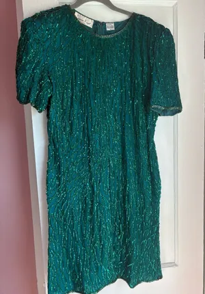 Vintage Laurence Kazar Emerald Green Silk Beaded Sequin Cocktail Dress Large thumbnail 1
