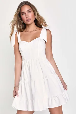 Lulus Tier-ly Delightful White Tie-Strap Tiered Bustier Mini Dress Casual Medium thumbnail 1