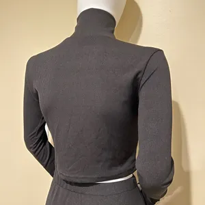 Knit Two Pieces Set Crop Top Mock Neck Blouse High Waist Flare Pants High Rise thumbnail 6
