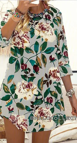 Women’s Floral Boutique Shift Short Sleeve Beige Brown Dress size Large thumbnail 1