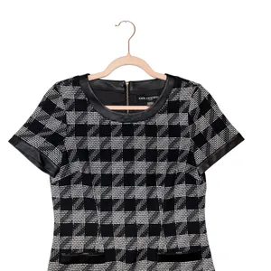 Karl Lagerfeld Paris Houndstooth Sheath Dress Faux Leather‎ Trim Black White 6 thumbnail 4