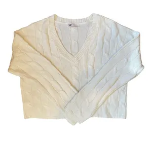 SO Cable Knit Cropped Boxy Sweater Women's Lg Cream V-Neck Winter Holiday Fall thumbnail 1