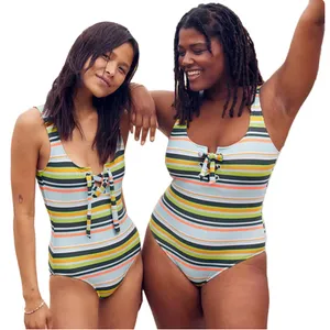 AERIE Women’s Striped One Piece Tie Front‎ One Piece Bathing Suit Sz Large thumbnail 11