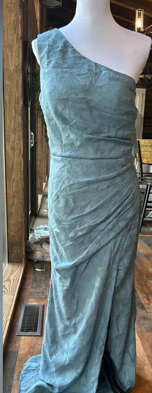Light Blue Floral Lace Draped Formal Gown size 12 thumbnail 1