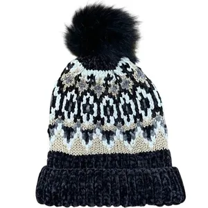 Free People Chalet Fairisle Pom Beanie Hat Black/Gold Metallic Combo One Size‎ thumbnail 2