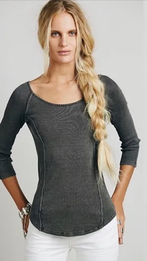 Free People FP Star Crossed Ribbed Knit Tee in distressed dark gray WOMENS XS thumbnail 1