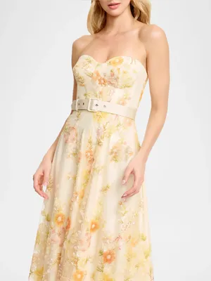 Dress The Population Mabel Strapless Beaded Floral Midi Dress in Ivory Combo M thumbnail 4
