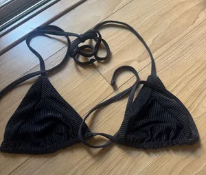 Frankie's Bikinis Black Ribbed Triangle Bikini Top thumbnail 1