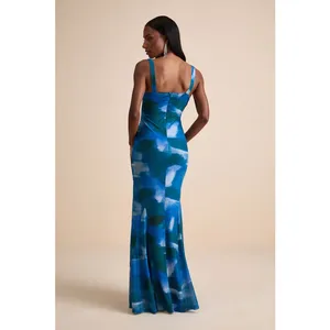 NEW Lulus Zemina Blue Abstract Godet Watercolor Pleated Mermaid Maxi Dress XS thumbnail 3