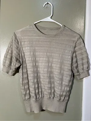 Women's Crewneck Short Sleeve Sweater Beige Pointelle Striped‎ Knit Ribbed Hem thumbnail 2