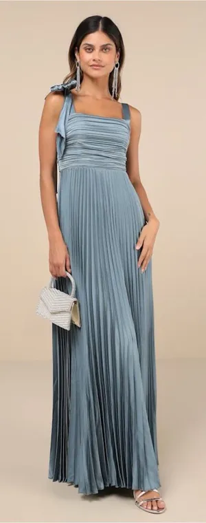 LULU’S Gorgeous Purpose Slate Satin Pleated Sleeveless Bow Maxi Dress thumbnail 1