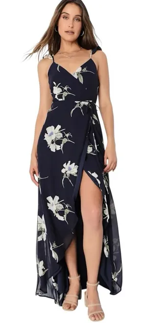 Lulus All Mine Floral Print High Low Wrap Dress Women’s Size L Navy thumbnail 1