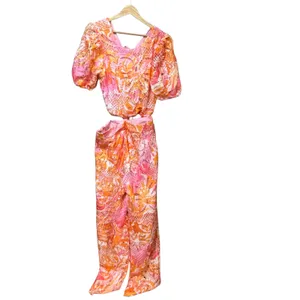 Pink Orange Tropical Floral Lace Two Piece Set Crop Top Wide Leg Pants XS thumbnail 5